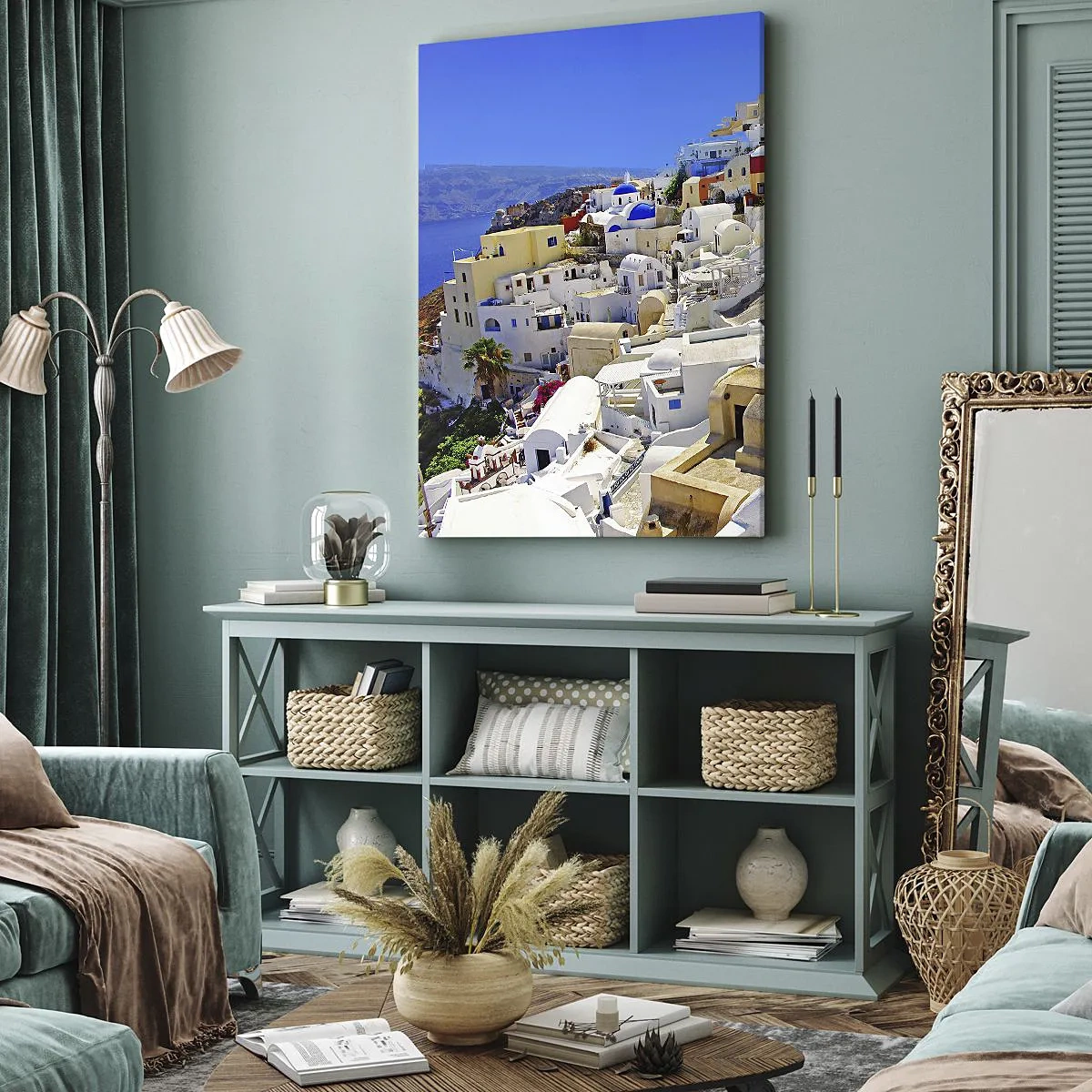 Cuadro sobre lienzo - Impresión de Imagen - Panorama de Santorini con casas blancas y cielo azul - 50x70cm - Sueño de un verano griego - Decoración de pared moderna para salón y dormitorio ARTTOR