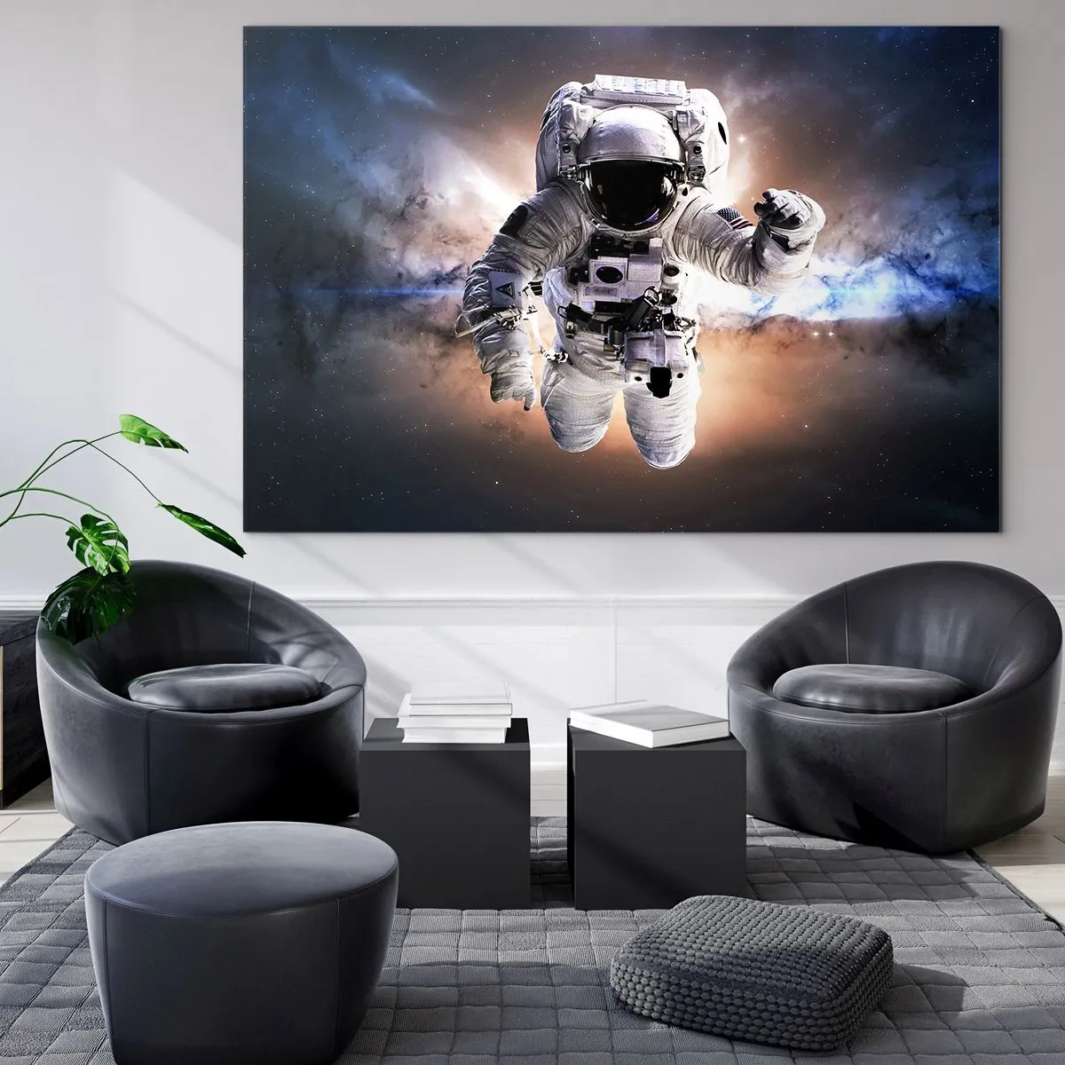 Cuadro sobre vidrio - Impresiones sobre Vidrio - Astronauta en el espacio con una galaxia al fondo - 120x80cm - Saludos desde el espacio exterior - Decoración de pared moderna para salón y dormitorio ARTTOR