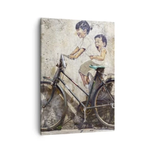 Cuadro sobre lienzo - Impresión de Imagen - Arte callejero con una bicicleta y dibujos infantiles en la pared. - 50x70cm - ¿Verdadero o falso? - Decoración de pared moderna para salón y dormitorio ARTTOR