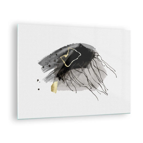 Cuadro sobre vidrio - Impresiones sobre Vidrio - Composición abstracta de negro y dorado sobre un fondo blanco. - 70x50cm - En negro y dorado - Decoración de pared moderna para salón y dormitorio ARTTOR