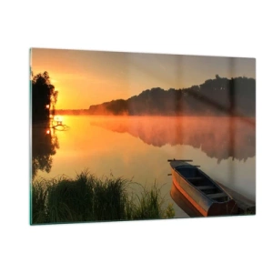 Cuadro sobre vidrio - Impresiones sobre Vidrio - Amanecer sobre un lago tranquilo con un barco en la orilla - 120x80cm - Amanecer sobre el agua como la superficie de un espejo - Decoración de pared moderna para salón y dormitorio ARTTOR