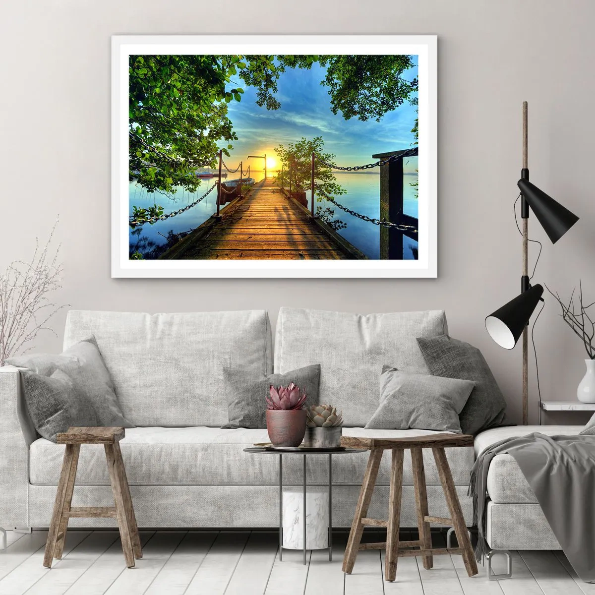 Póster en marco blanco - Atardecer junto al agua - 50x40 cm