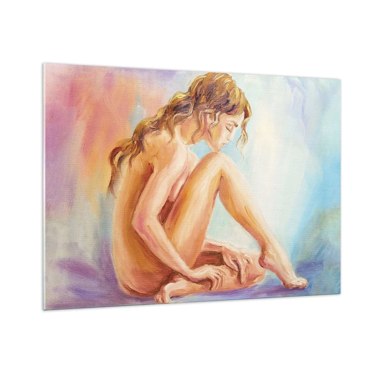 Cuadro sobre vidrio - Impresiones sobre Vidrio - Una mujer en un sutil reflejo sobre un fondo de colores pastel. - 100x70cm - Acto de juventud - Decoración de pared moderna para salón y dormitorio ARTTOR