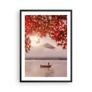 Póster en marco negro - Monte Fuji con un barco en un lago y hojas de otoño - 50x70cm - Estilo japonés - Decoración de pared moderna para salón y dormitorio ARTTOR
