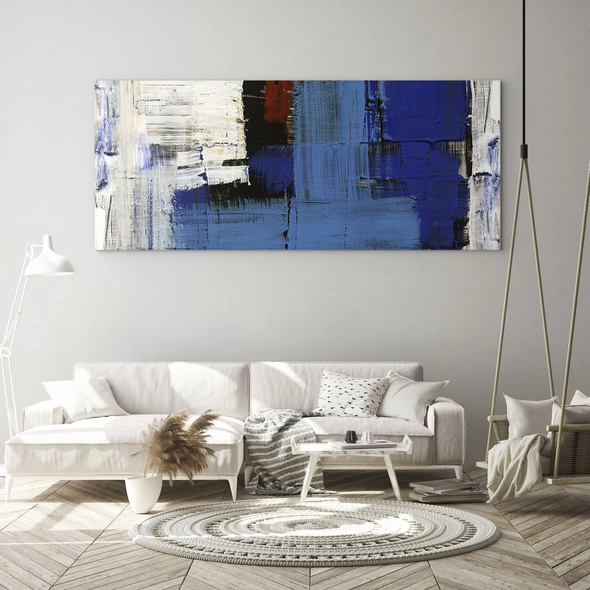 Cuadro sobre vidrio - Impresiones sobre Vidrio - Composición abstracta en tonos azules y blancos. - 140x50cm - El secreto del azul - Decoración de pared moderna para salón y dormitorio ARTTOR