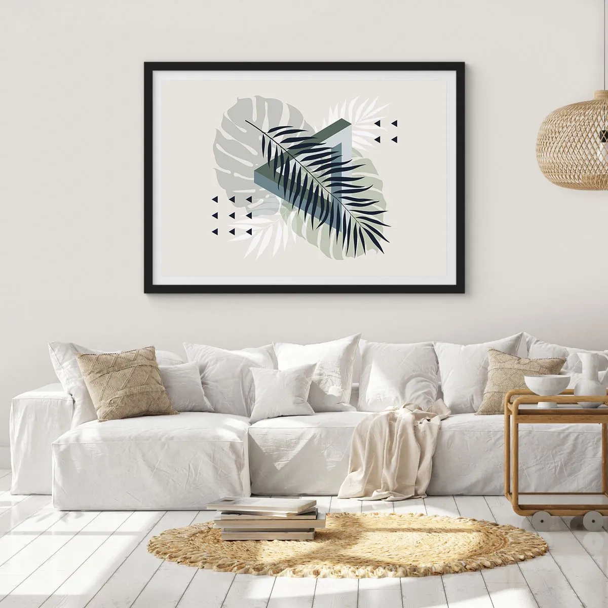 Póster en marco negro - Composición geométrica con hojas tropicales en tonos verdes. - 70x50cm - Naturaleza y geometría - Decoración de pared moderna para salón y dormitorio ARTTOR