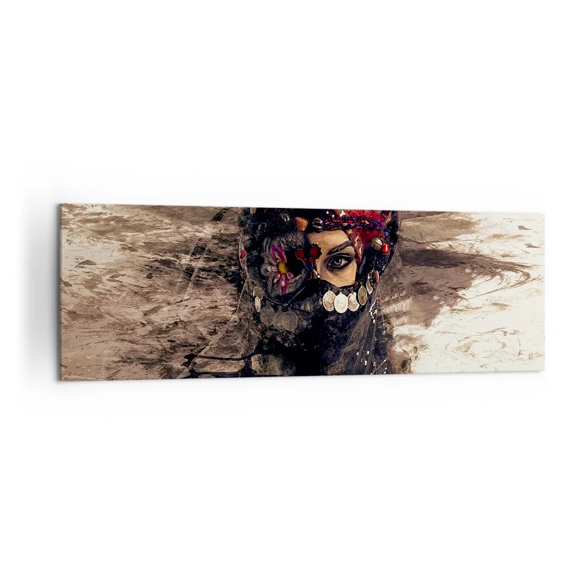 Cuadro sobre lienzo - Impresión de Imagen - Retrato artístico de una mujer con atuendo oriental sobre un fondo abstracto. - 160x50cm - Inquietante, como mínimo - Decoración de pared moderna para salón y dormitorio ARTTOR