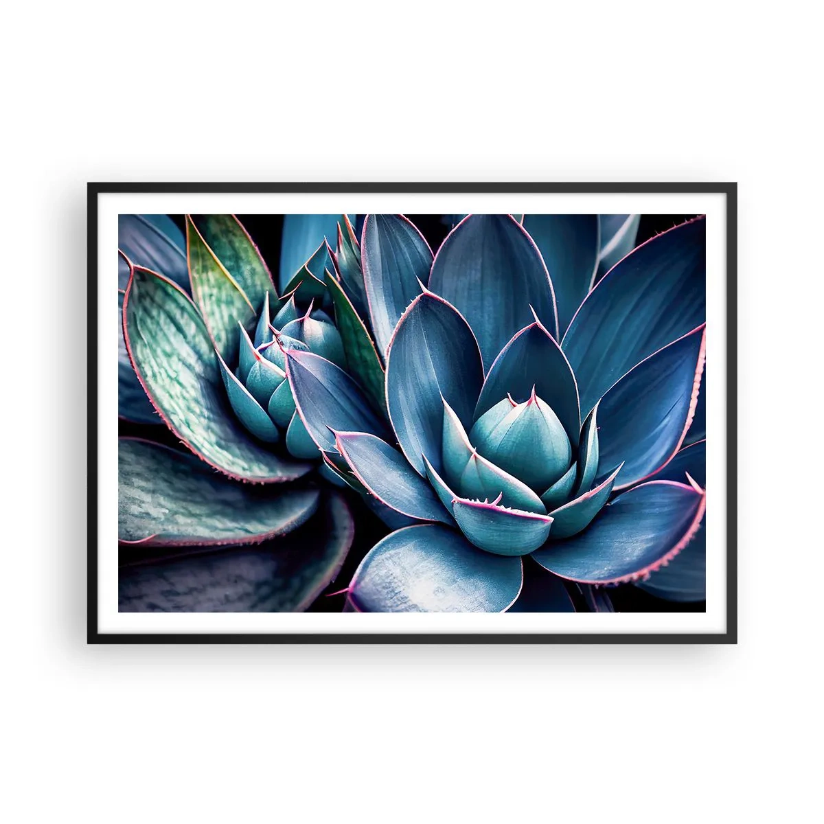 Póster en marco negro - Agave en tonos azules y verdes con acentos rosados. - 100x70cm - Fuerza vital - Decoración de pared moderna para salón y dormitorio ARTTOR