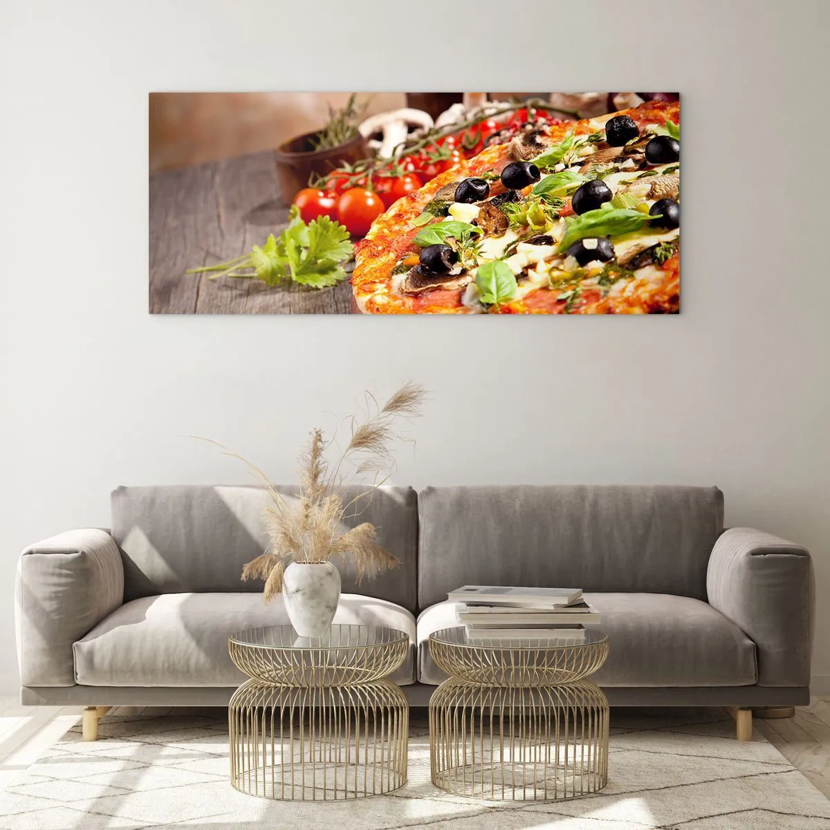 Cuadro sobre vidrio - Impresiones sobre Vidrio - Pizza con aceitunas, albahaca e ingredientes frescos sobre un fondo de madera. - 160x50cm - De ingredientes puros - Decoración de pared moderna para salón y dormitorio ARTTOR