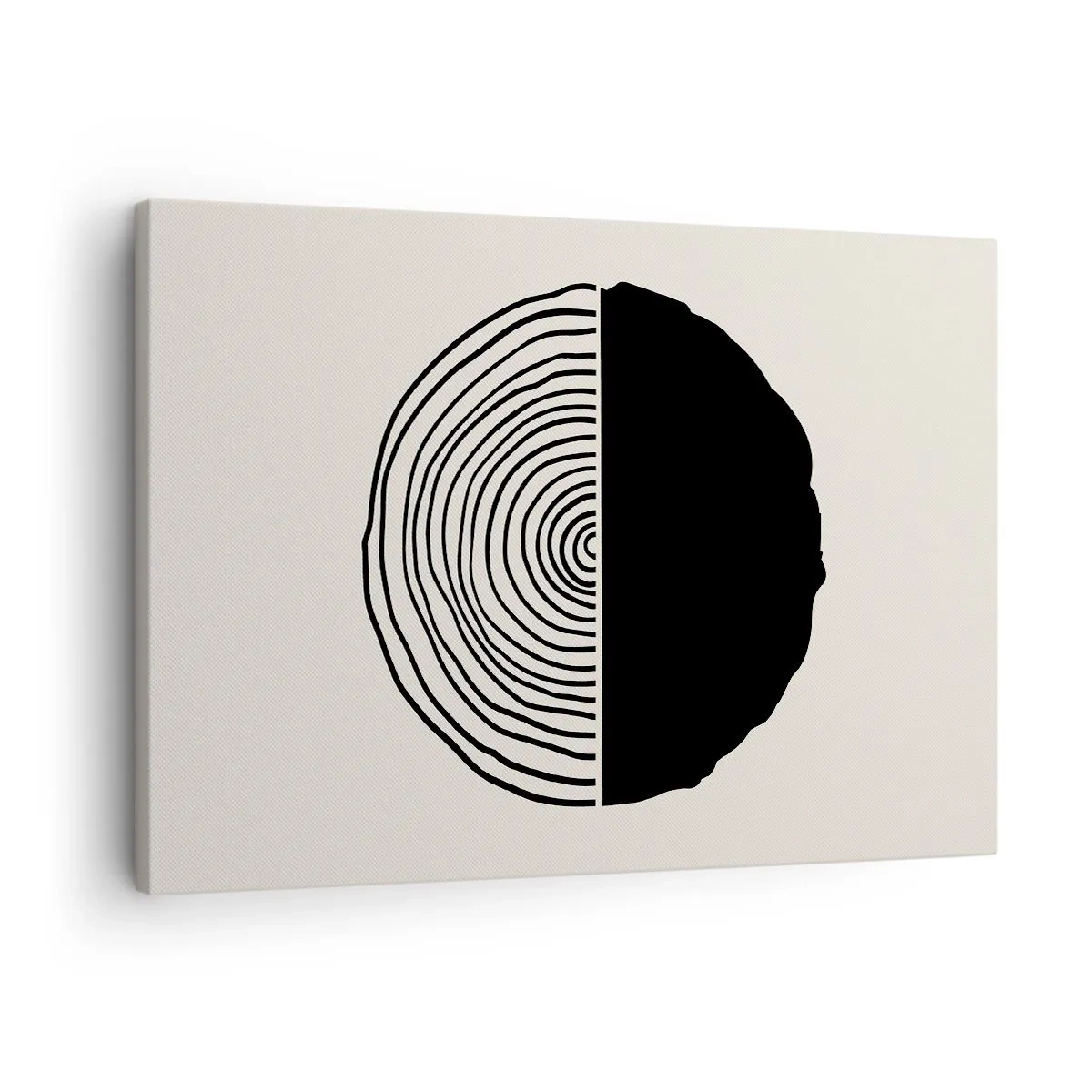 Cuadro sobre lienzo - Impresión de Imagen - Un motivo abstracto en blanco y negro inspirado en una sección transversal de madera con una división geométrica. - 70x50cm - Mitad y mitad - Decoración de pared moderna para salón y dormitorio ARTTOR