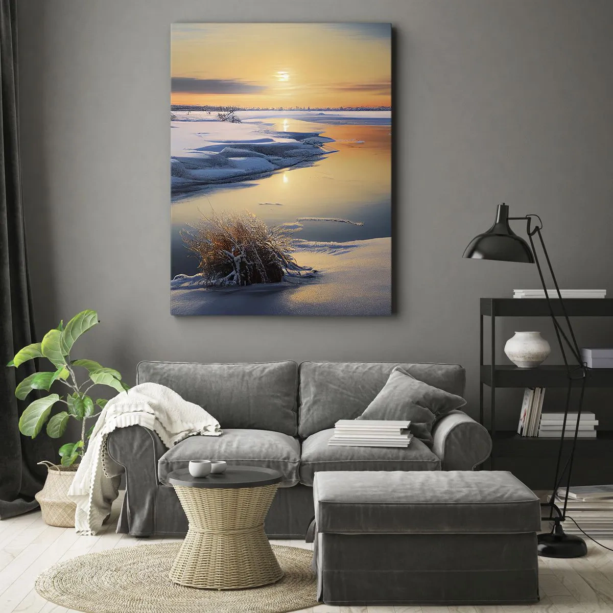 Cuadro sobre lienzo - Impresión de Imagen - Paisaje invernal con un río al atardecer - 80x120cm - Atardecer de invierno - Decoración de pared moderna para salón y dormitorio ARTTOR