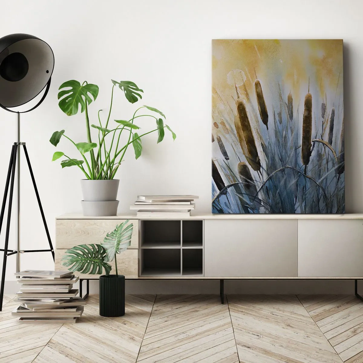 Cuadro sobre lienzo - Impresión de Imagen - Cañas pintorescas bajo los rayos del sol - 70x100cm - El frío del agua, el calor del sol - Decoración de pared moderna para salón y dormitorio ARTTOR