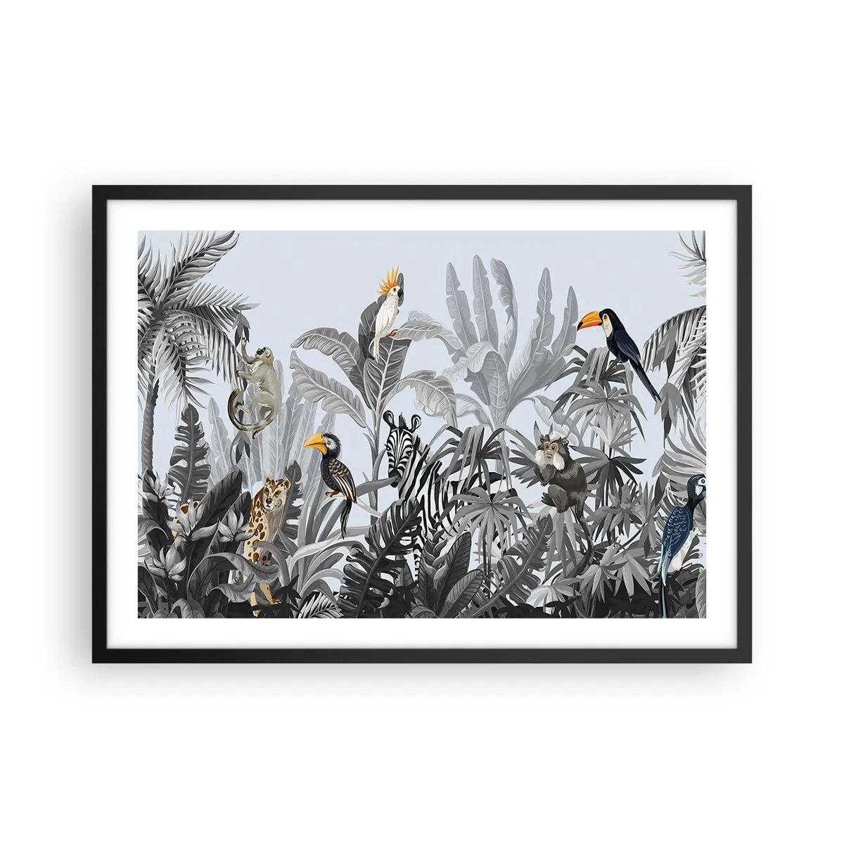 Póster en marco negro - Selva tropical con animales exóticos sobre un fondo gris. - 70x50cm - Un cuento de hadas africano - Decoración de pared moderna para salón y dormitorio ARTTOR