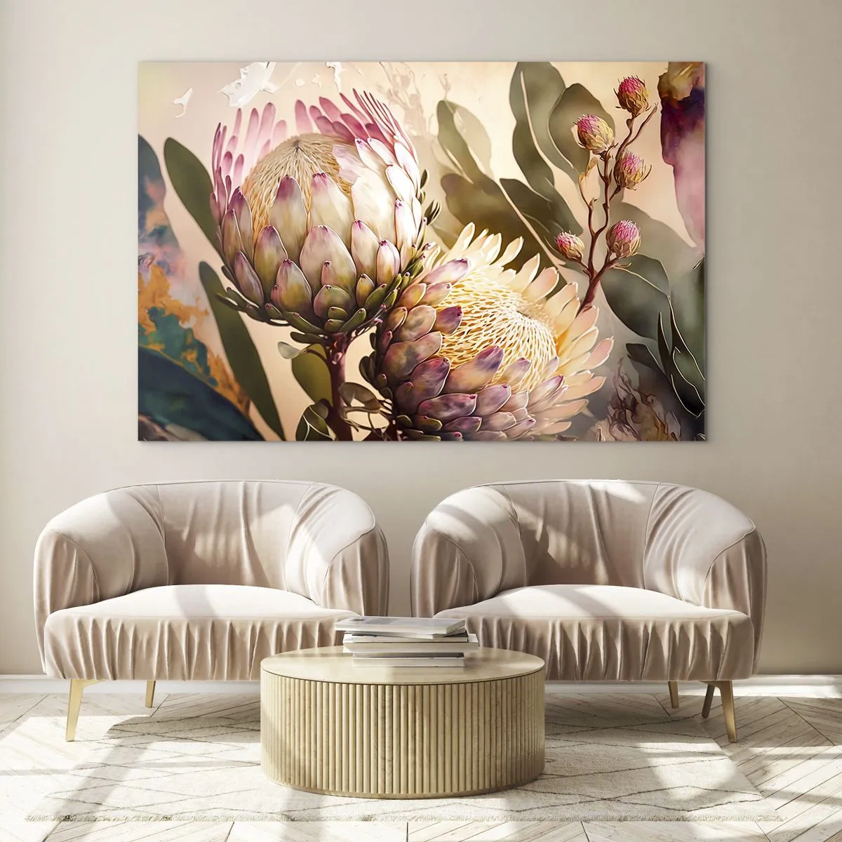 Cuadro sobre vidrio - Impresiones sobre Vidrio - Flores de protea en tonos cálidos y luz suave. - 120x80cm - Abrazados con ternura - Decoración de pared moderna para salón y dormitorio ARTTOR