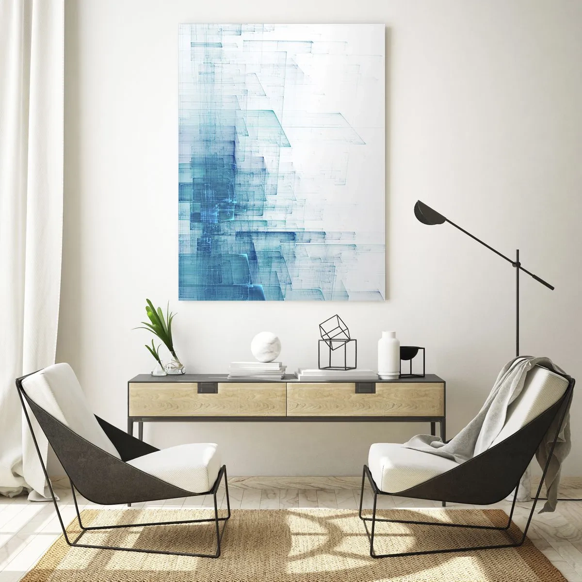 Cuadro sobre vidrio - Impresiones sobre Vidrio - Formas geométricas abstractas en tonos azules - 80x120cm - Cómo se hizo el espacio - Decoración de pared moderna para salón y dormitorio ARTTOR