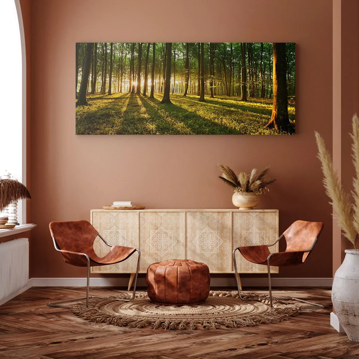 Cuadro sobre lienzo - Impresión de Imagen - El sol poniente en el bosque caducifolio - 120x50cm - Una fotografía de todos los manantiales - Decoración de pared moderna para salón y dormitorio ARTTOR