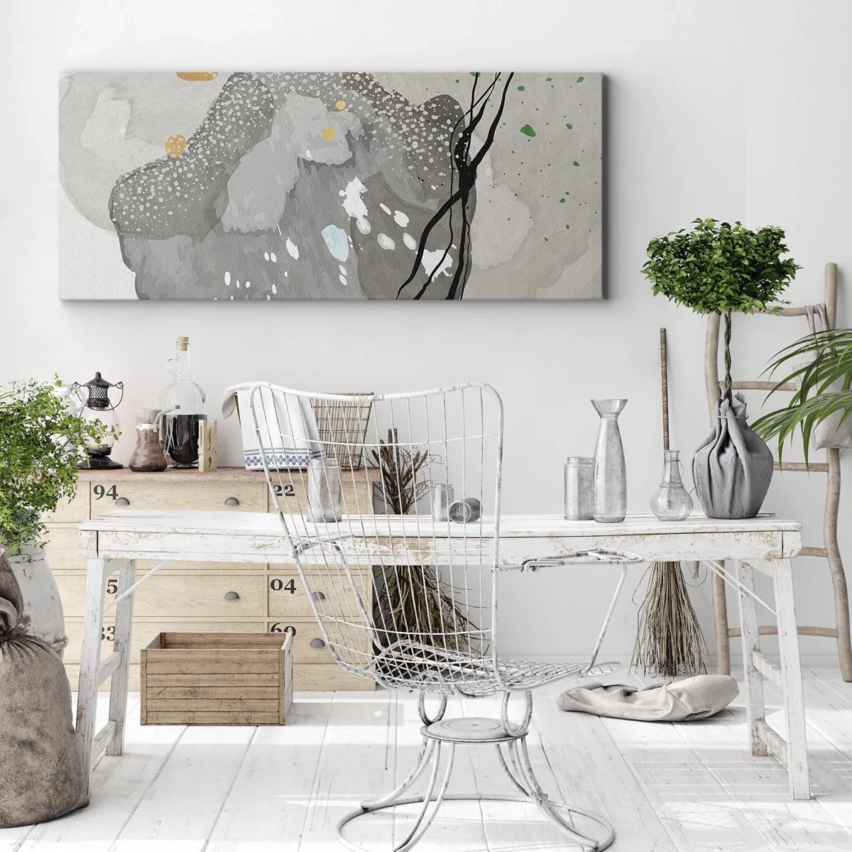 Cuadro sobre lienzo - Impresión de Imagen - Formas orgánicas en tonos grises con acentos negros y dorados. - 140x50cm - Composición orgánica - Decoración de pared moderna para salón y dormitorio ARTTOR