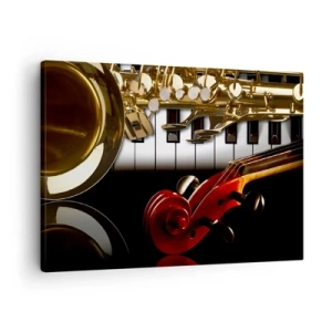 Cuadro sobre lienzo - Impresión de Imagen - Un saxofón dorado, teclas de piano y un violín rojo. - 70x50cm - Chapa, madera y marfil - Decoración de pared moderna para salón y dormitorio ARTTOR