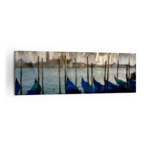 Cuadro sobre lienzo - Impresión de Imagen - Máscaras de carnaval veneciano y góndolas con la ciudad y el agua como telón de fondo. - 160x50cm - El tiempo de carnaval ha comenzado - Decoración de pared moderna para salón y dormitorio ARTTOR