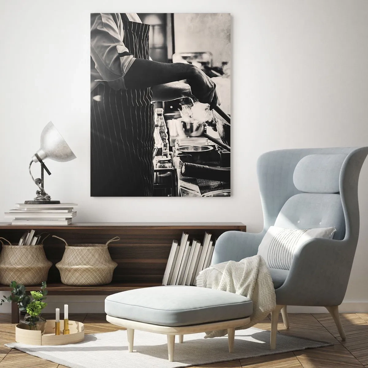 Cuadro sobre vidrio - Impresiones sobre Vidrio - Un chef en acción con una sartén en una cocina llena de vapor. - 50x70cm - Alquimia de sabores - Decoración de pared moderna para salón y dormitorio ARTTOR