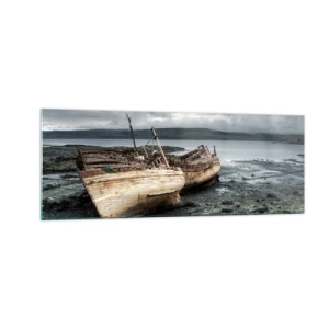 Cuadro sobre vidrio - Impresiones sobre Vidrio - Barcos abandonados en la orilla en una escena lluviosa - 140x50cm - Muestra de un trabajo dignamente realizado - Decoración de pared moderna para salón y dormitorio ARTTOR