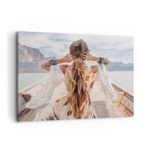Cuadro sobre lienzo - Impresión de Imagen - Mujer en un barco con vistas a las montañas y al agua, estilo boho - 100x70cm - Rumbo a la felicidad - Decoración de pared moderna para salón y dormitorio ARTTOR