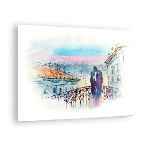 Cuadro sobre vidrio - Impresiones sobre Vidrio - Pareja en el balcón disfrutando de una romántica puesta de sol - 70x50cm - Los amantes de París - Decoración de pared moderna para salón y dormitorio ARTTOR