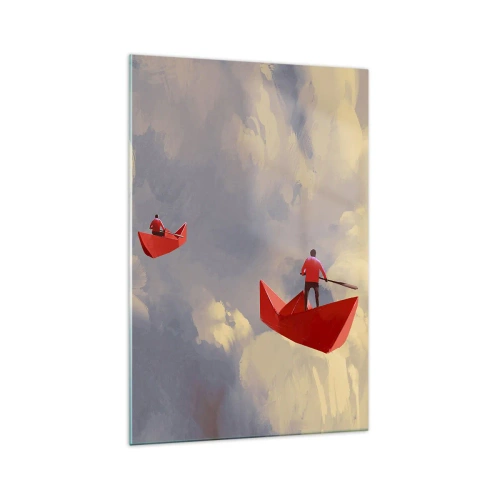 Cuadro sobre vidrio - Impresiones sobre Vidrio - Barquitos de papel rojos flotando en las nubes - 70x100cm - El viaje de un soñador - Decoración de pared moderna para salón y dormitorio ARTTOR
