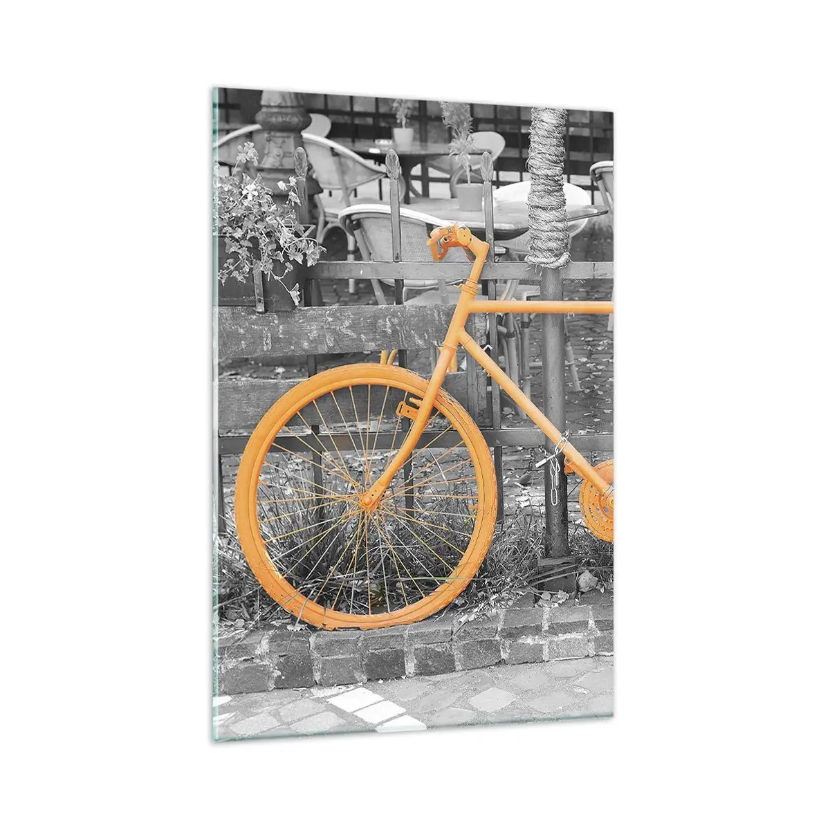 Cuadro sobre vidrio - Impresiones sobre Vidrio - Fotografía artística de una bicicleta amarilla sobre un fondo blanco y negro. - 80x120cm - Sigue, yo esperaré aquí - Decoración de pared moderna para salón y dormitorio ARTTOR