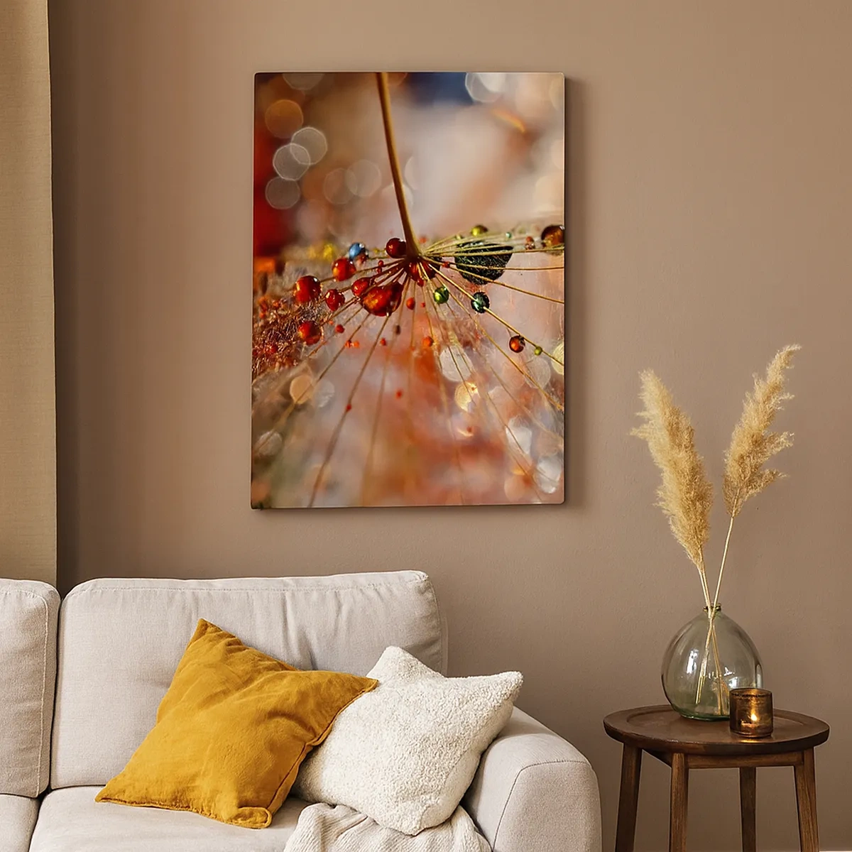 Cuadro sobre lienzo - Impresión de Imagen - Fotografía macro de una gota de agua sobre una planta delicada. - 50x70cm - En una tela de araña - Decoración de pared moderna para salón y dormitorio ARTTOR