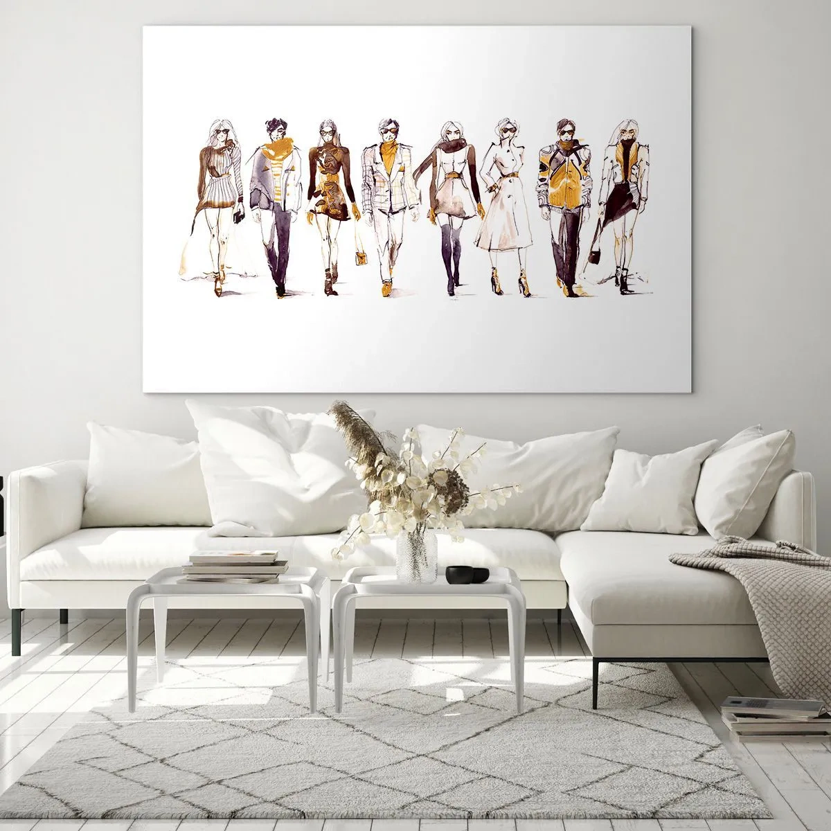 Cuadro sobre vidrio - Impresiones sobre Vidrio - Grupo de personajes de moda en estilo boceto sobre fondo blanco. - 100x70cm - Elegancia casual - Decoración de pared moderna para salón y dormitorio ARTTOR