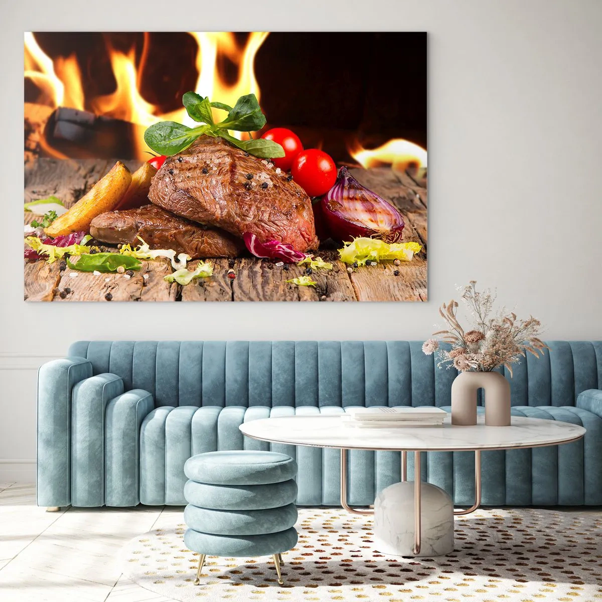 Cuadro sobre vidrio - Impresiones sobre Vidrio - Filete a la parrilla con verduras con el telón de fondo de las llamas - 100x70cm - Embrujo de fuego - Decoración de pared moderna para salón y dormitorio ARTTOR