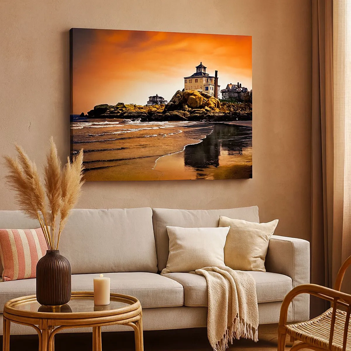 Cuadro sobre lienzo - Impresión de Imagen - Una casa sobre una roca junto a la playa al atardecer con su reflejo en el agua. - 70x50cm - La elegancia de la costa oeste - Decoración de pared moderna para salón y dormitorio ARTTOR