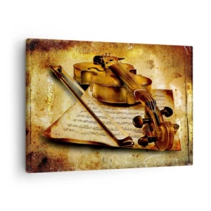Cuadro sobre lienzo - Impresión de Imagen - Un violín con partitura sobre un fondo vintage en tonos cálidos. - 70x50cm - Se necesita un virtuoso de inmediato - Decoración de pared moderna para salón y dormitorio ARTTOR