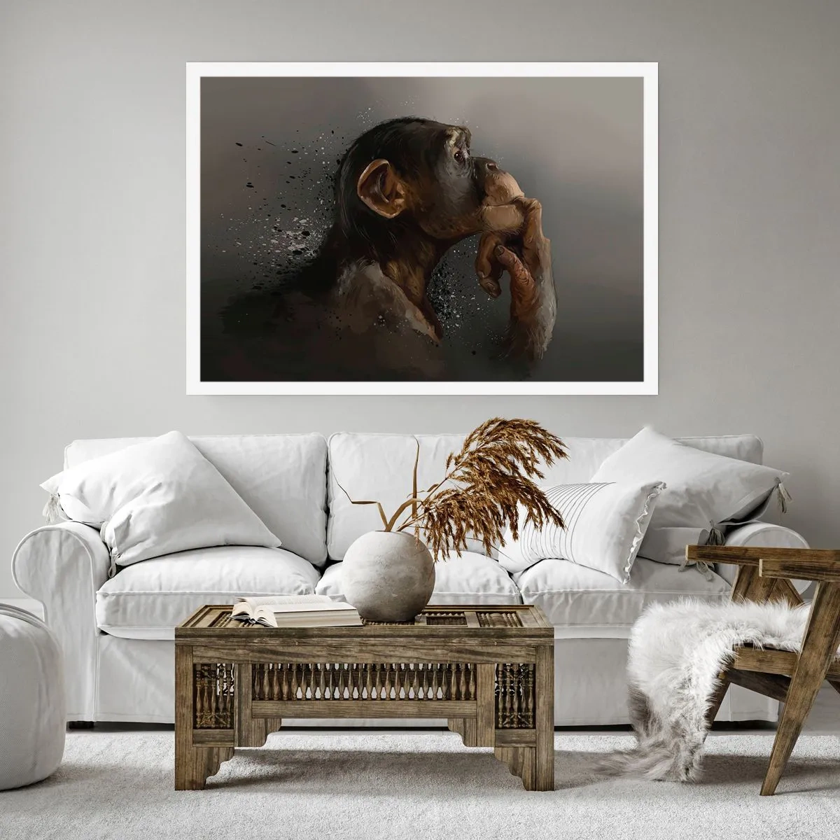 Póster - Retrato de un mono en pose reflexiva sobre un fondo gris. - 100x70cm - La evolución del pensador - Decoración de pared moderna para salón y dormitorio ARTTOR