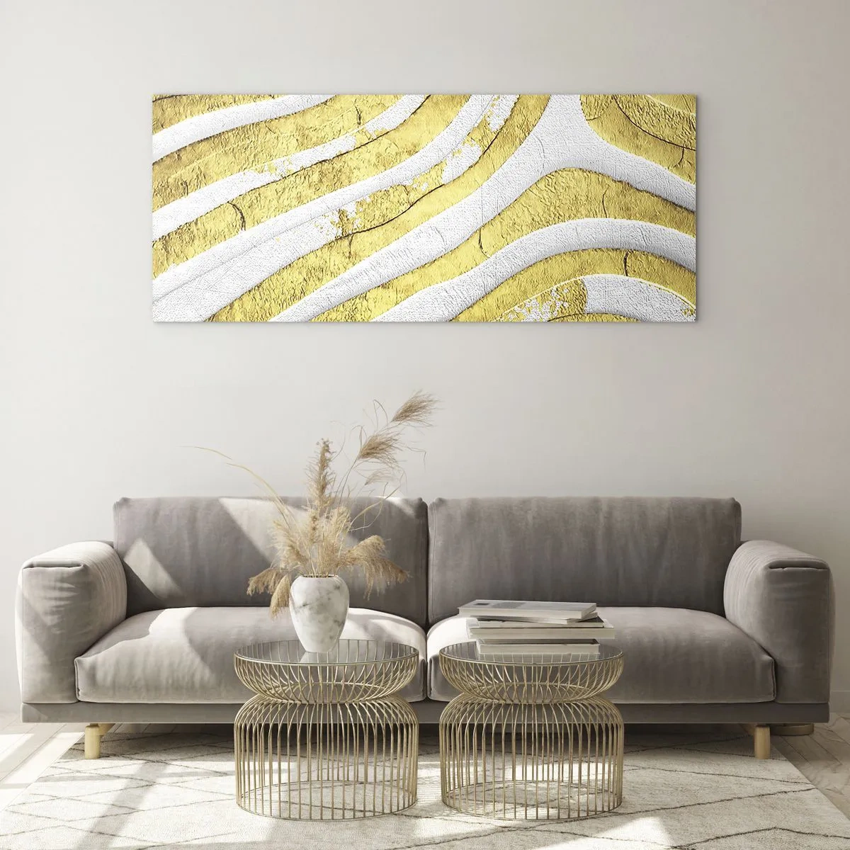 Cuadro sobre vidrio - Impresiones sobre Vidrio - Una composición en blanco y oro - 100x40 cm