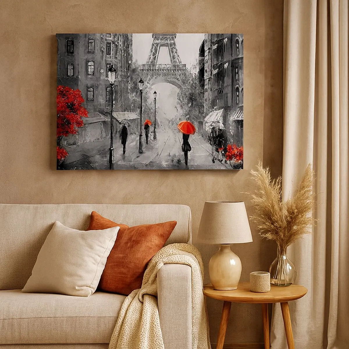 Cuadro sobre lienzo - Impresión de Imagen - Una calle con vistas a la Torre Eiffel y sombrillas rojas. - 70x50cm - Todos los caminos conducen a ella - Decoración de pared moderna para salón y dormitorio ARTTOR
