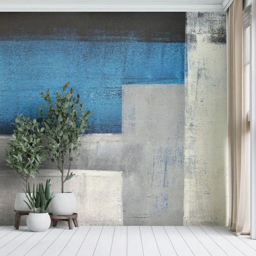 Fotomural Premium Sand - Una composición abstracta de rectángulos en azul y gris. - 100x70cm - Composición poética de gris y azul - Decoración de pared moderna para salón y dormitorio ARTTOR