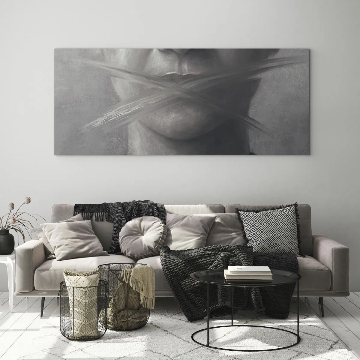 Cuadro sobre vidrio - Impresiones sobre Vidrio - Un retrato simbólico con labios difuminados en tonos grises. - 140x50cm - Ni una palabra - Decoración de pared moderna para salón y dormitorio ARTTOR
