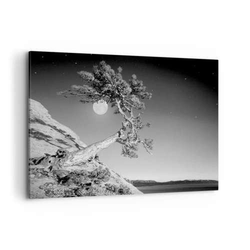 Cuadro sobre lienzo - Impresión de Imagen - Árbol en blanco y negro en un acantilado con la luna al fondo - 100x70cm - Un guerrero victorioso - Decoración de pared moderna para salón y dormitorio ARTTOR