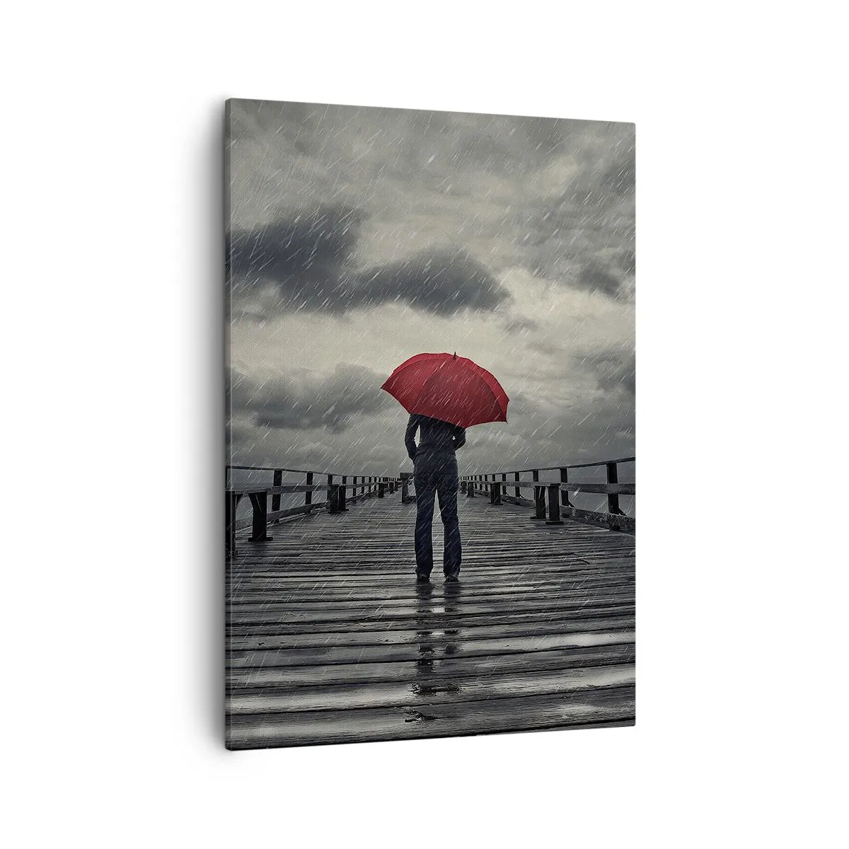 Cuadro sobre lienzo - Impresión de Imagen - Una persona con un paraguas rojo en un muelle lluvioso. - 50x70cm - No importa que llueva - Decoración de pared moderna para salón y dormitorio ARTTOR