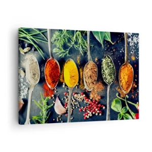 Cuadro sobre lienzo - Impresión de Imagen - Especias coloridas en cucharas con hierbas en el fondo. - 70x50cm - Magia culinaria - Decoración de pared moderna para salón y dormitorio ARTTOR