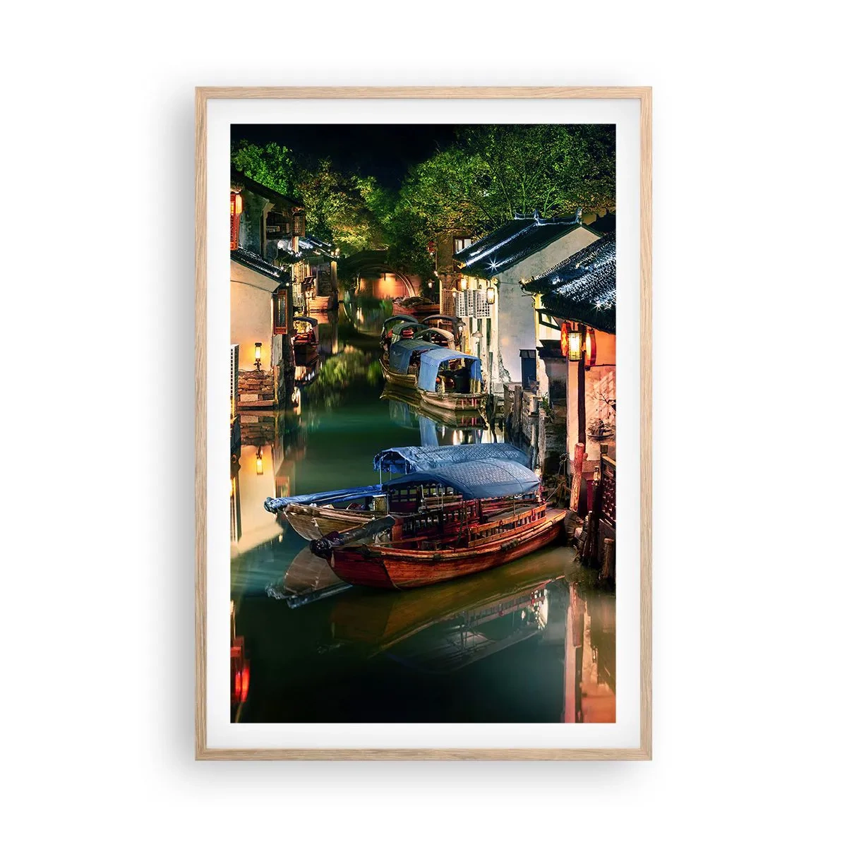 Póster en marco roble claro - Noche en una calle china - 61x91 cm