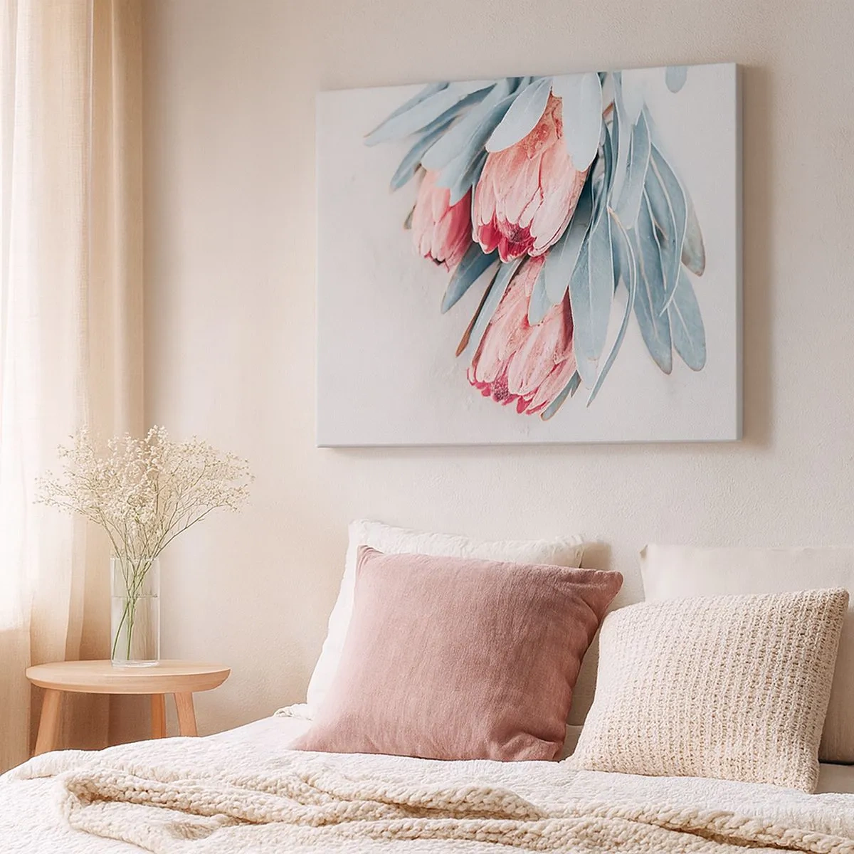 Cuadro sobre lienzo - Impresión de Imagen - Sutiles flores de protea rosa sobre un fondo claro. - 70x50cm - Avergonzada de su propia belleza - Decoración de pared moderna para salón y dormitorio ARTTOR