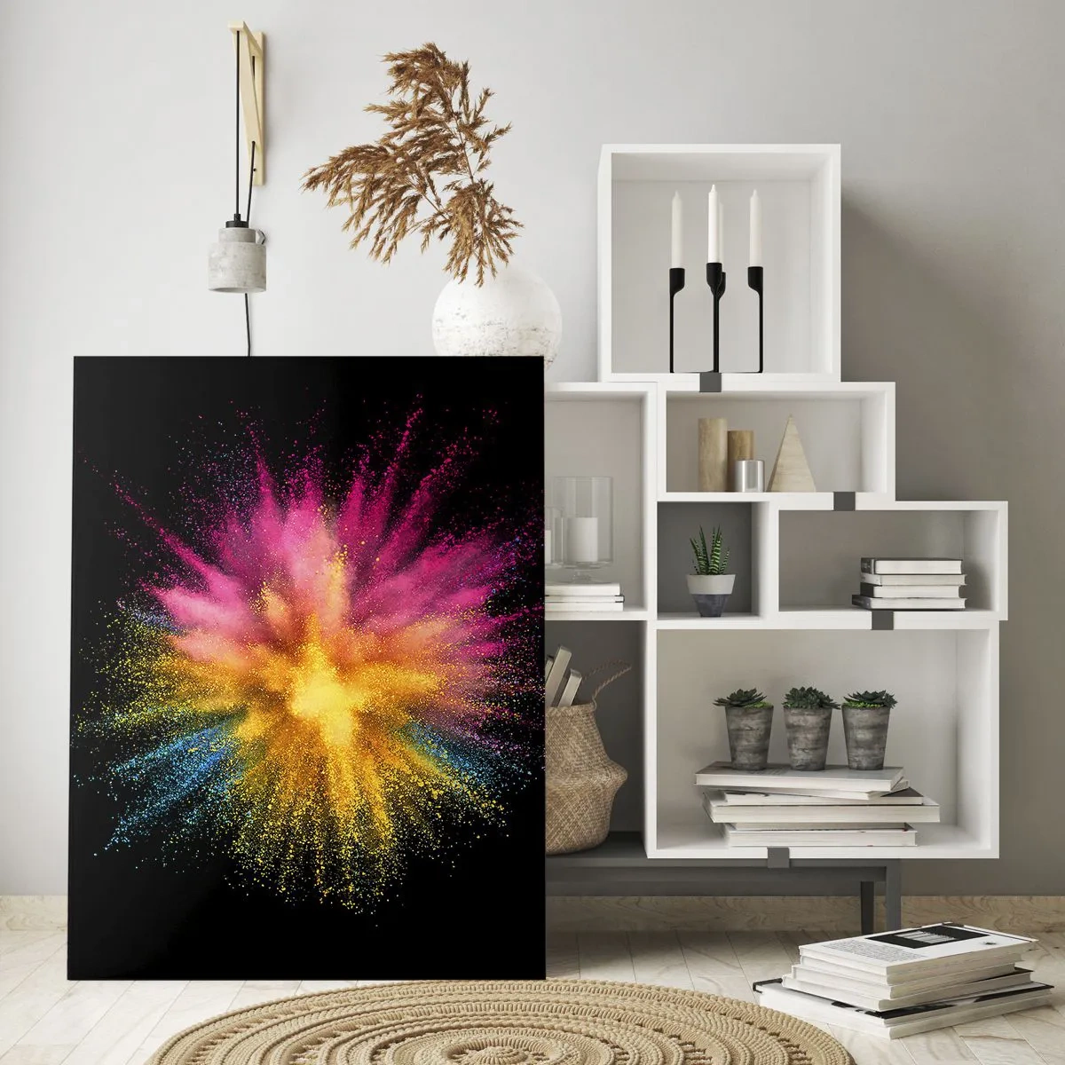 Cuadro sobre vidrio - Impresiones sobre Vidrio - Explosión de polvo colorido sobre un fondo negro - 80x120cm - El nacimiento de los colores - Decoración de pared moderna para salón y dormitorio ARTTOR