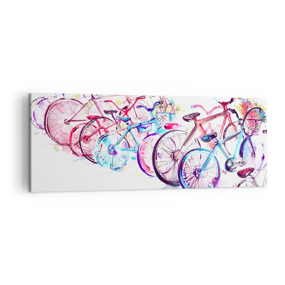 Cuadro sobre lienzo - Impresión de Imagen - Bicicletas coloridas en un estilo artístico de acuarela. - 140x50cm - Reunión de ciclistas - Decoración de pared moderna para salón y dormitorio ARTTOR