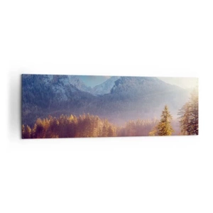 Cuadro sobre lienzo - Impresión de Imagen - Vista pintoresca del bosque de montaña y el lago al amanecer. - 160x50cm - Entre las montañas y los valles - Decoración de pared moderna para salón y dormitorio ARTTOR
