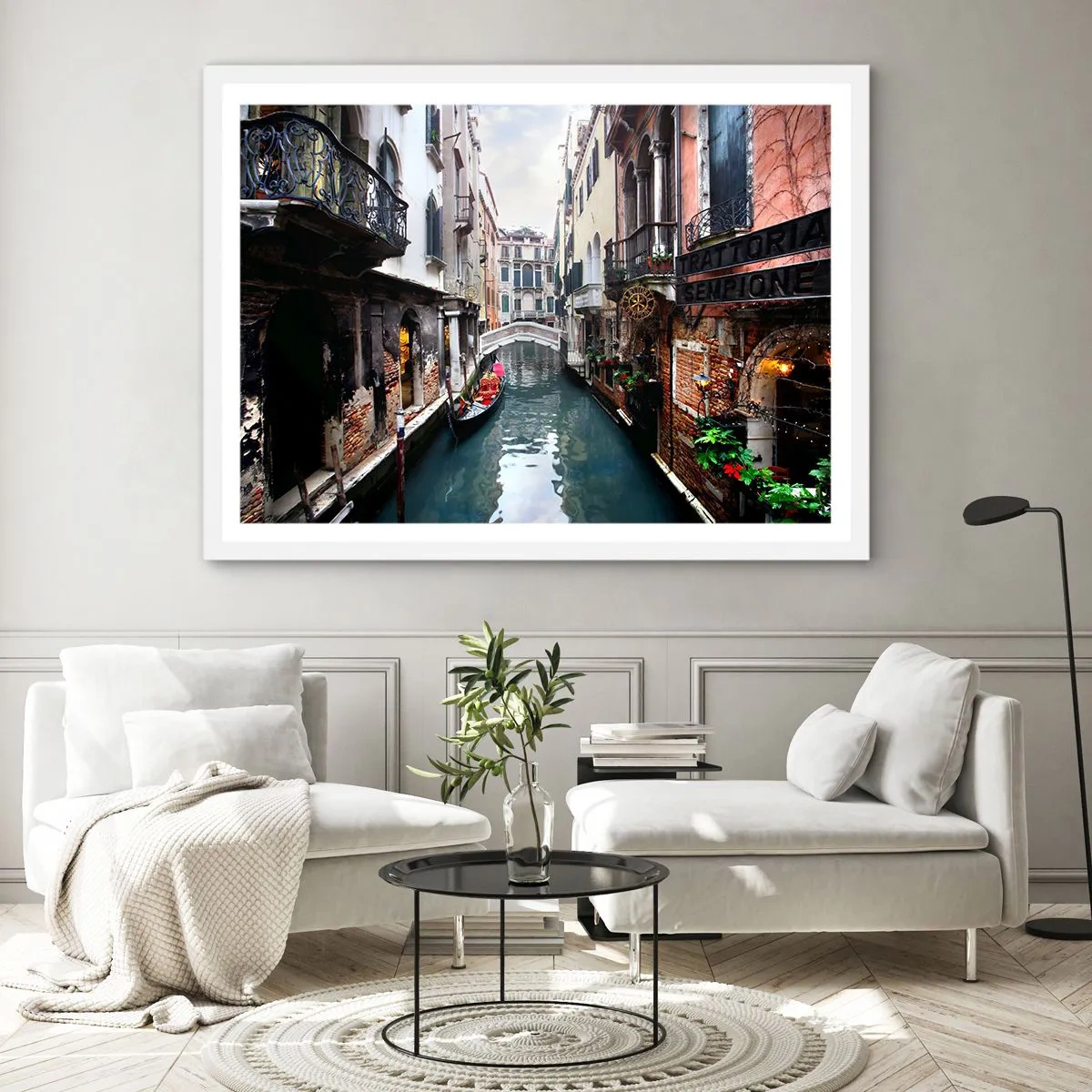 Póster en marco blanco - Paisaje veneciano con góndola y puente - 40x30 cm