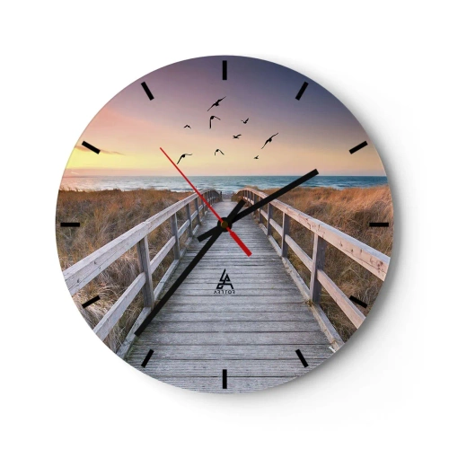 Reloj de pared - Reloj de vidrio - Pasarela de madera que conduce a la playa al atardecer - 30x30cm - Camino a lo desconocido - Decoración de pared moderna para salón, cocina y dormitorio ARTTOR