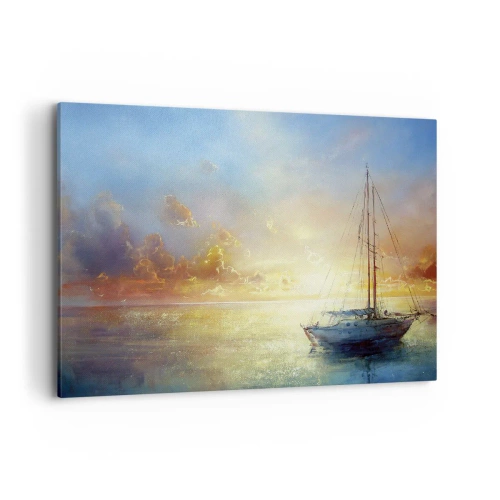 Cuadro sobre lienzo - Impresión de Imagen - Un yate en un mar tranquilo al atardecer. - 100x70cm - En una bahía dorada - Decoración de pared moderna para salón y dormitorio ARTTOR